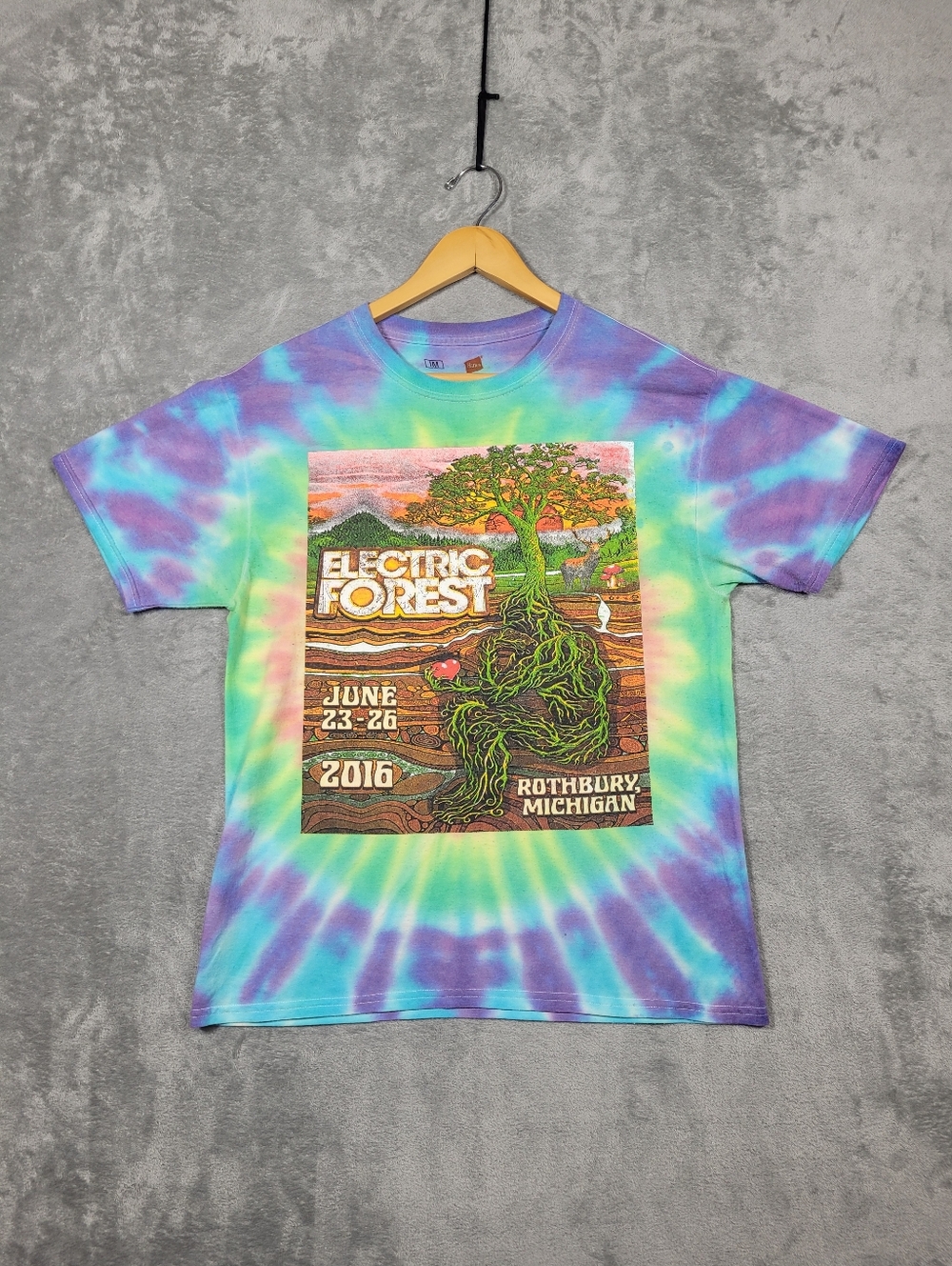 Electric Forest T Shirt 2016 Size Medium Tie Dye Blue Purple Green Rothbury